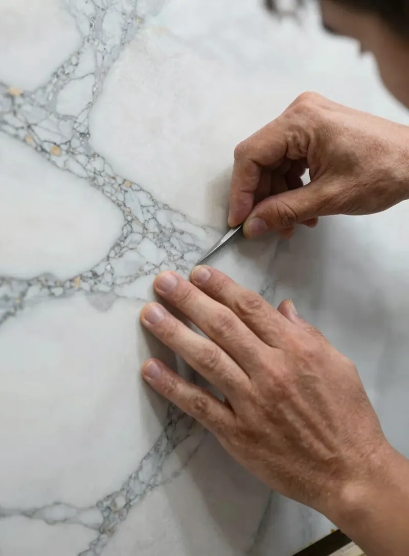 Artisan hands setting a large Calacatta marble slab