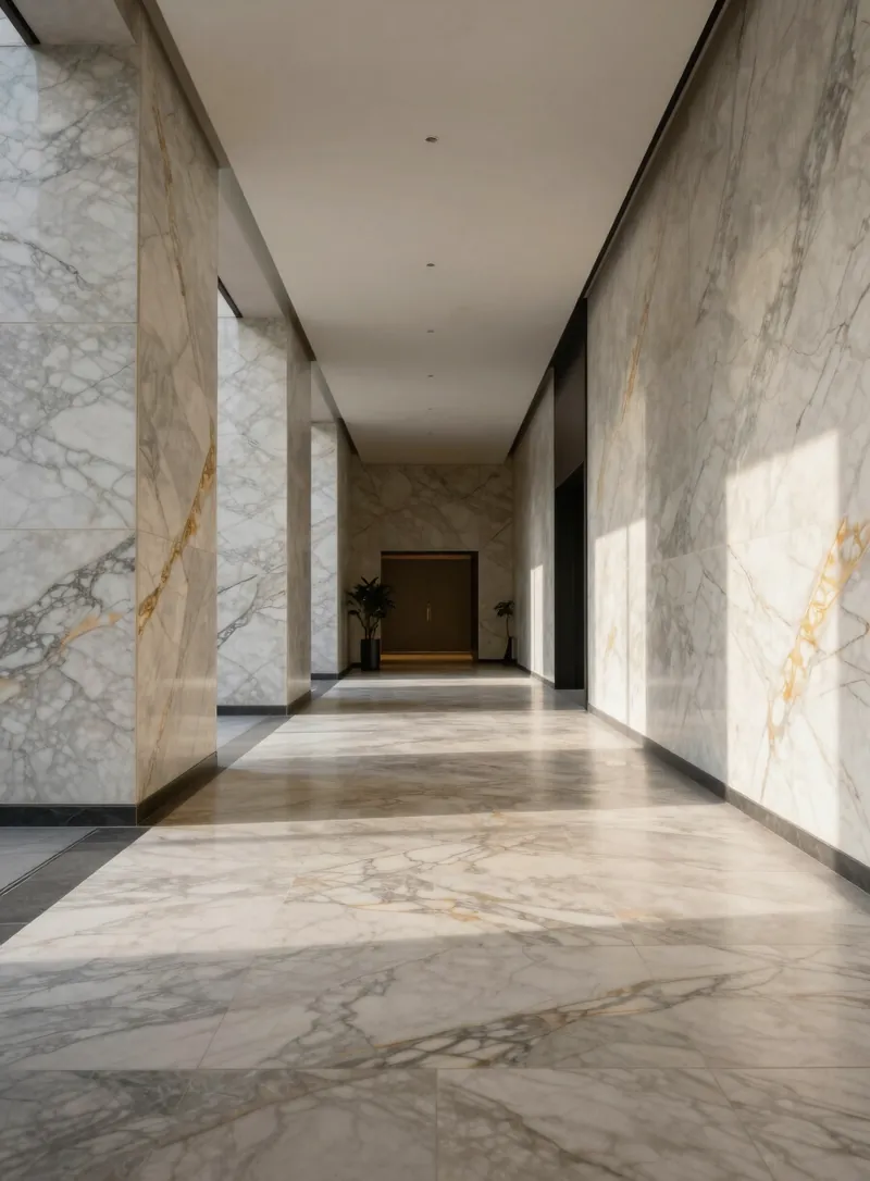 Five-star hotel corridor lined with bookmatched marble