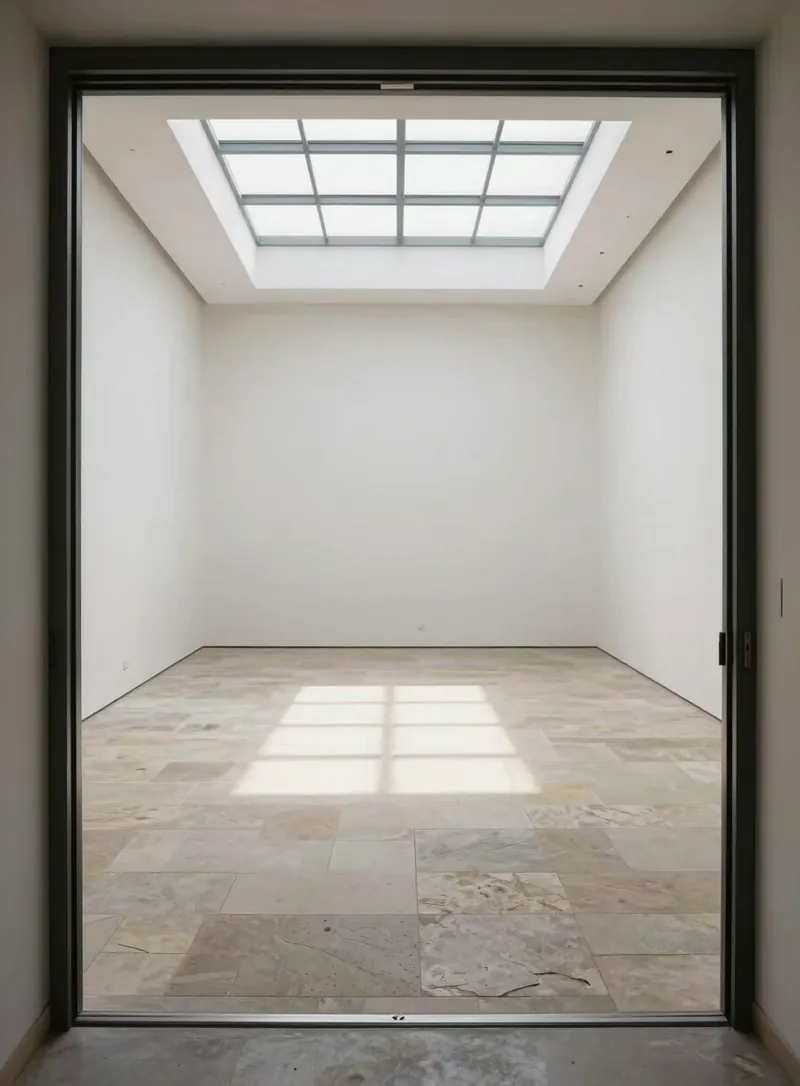 Gallery interior with a honed stone floor